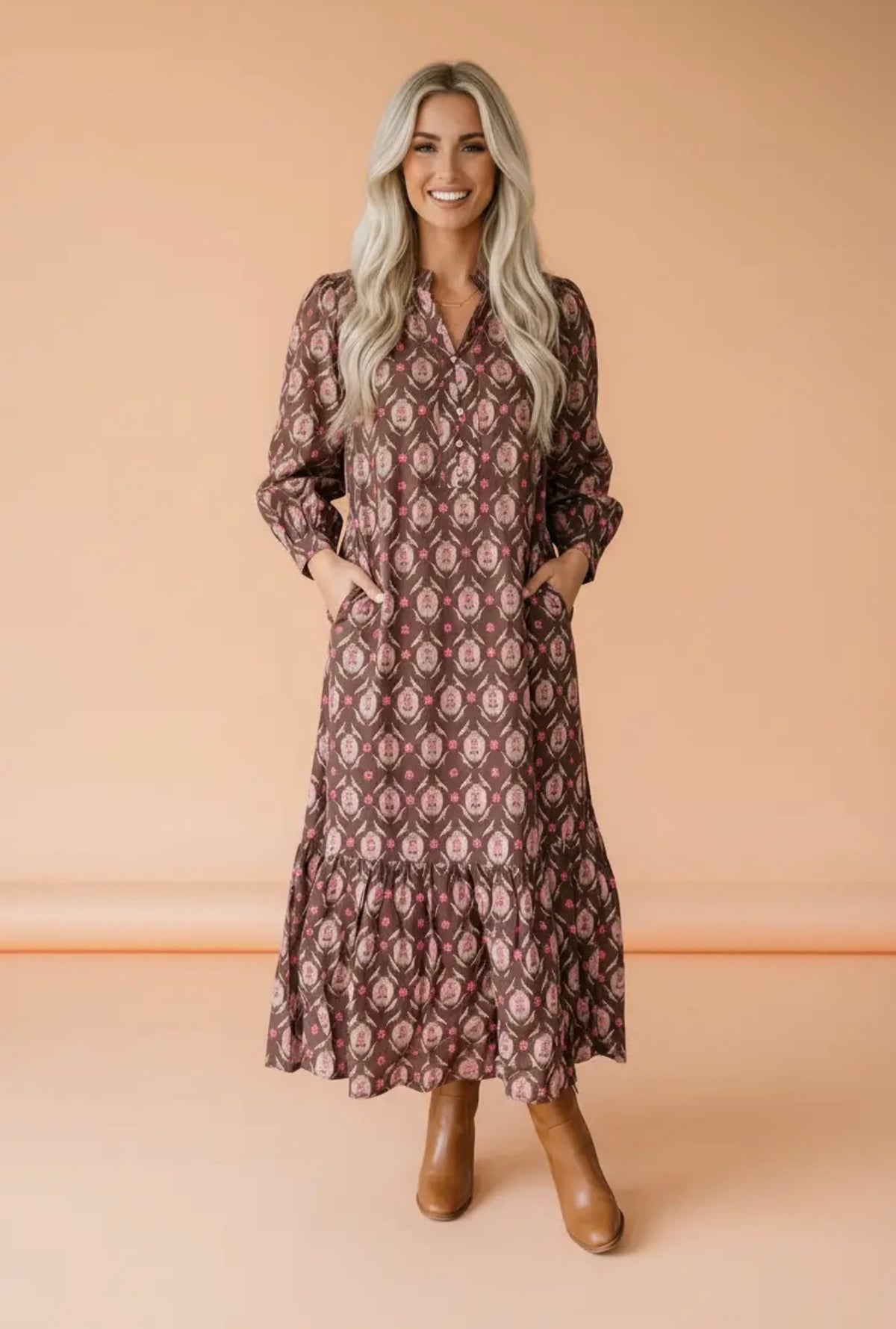 PRETTY BASH Floral Button Front Ruffle Hem Midi Dress