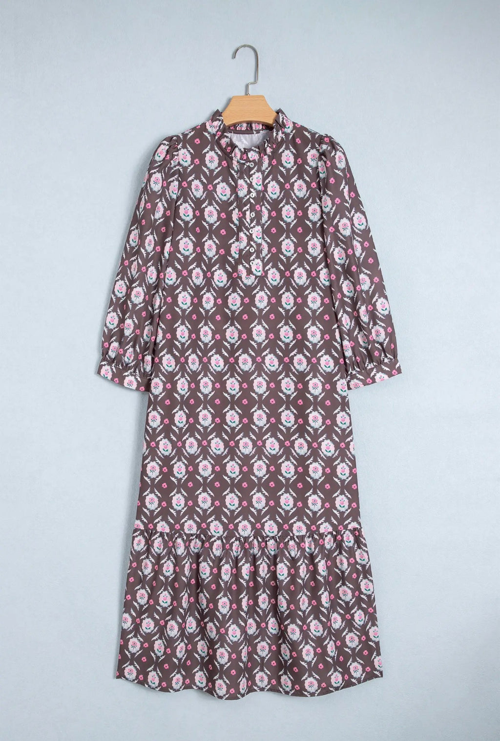 PRETTY BASH Floral Button Front Ruffle Hem Midi Dress