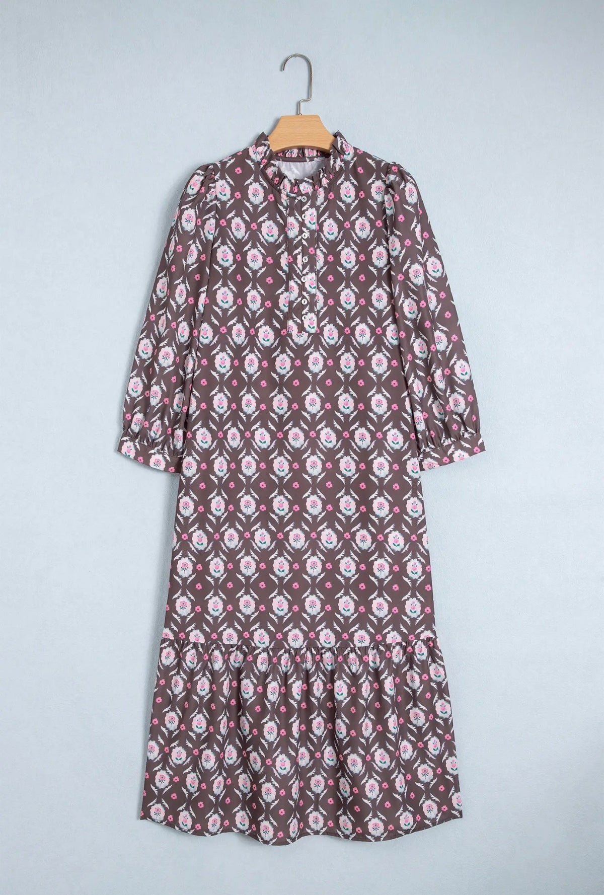PRETTY BASH Floral Button Front Ruffle Hem Midi Dress