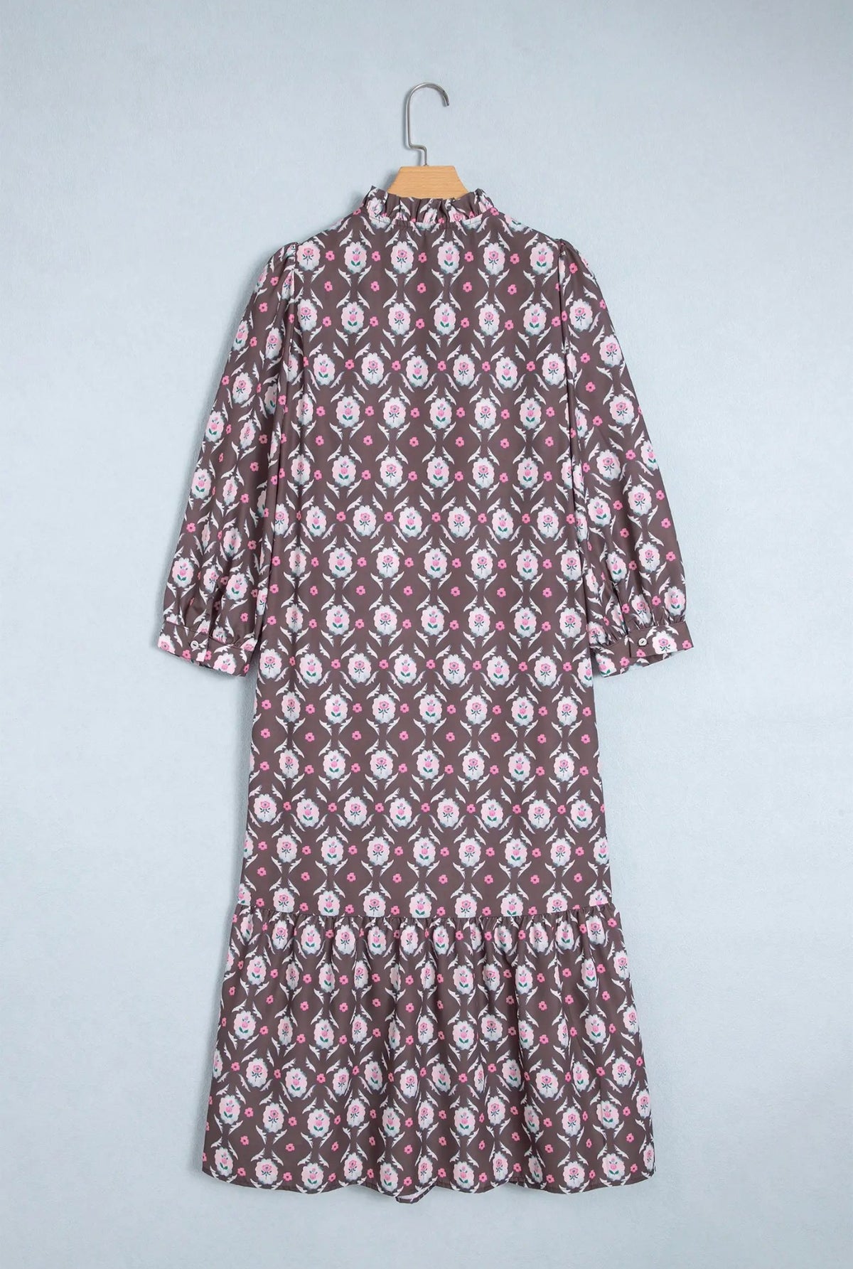 PRETTY BASH Floral Button Front Ruffle Hem Midi Dress