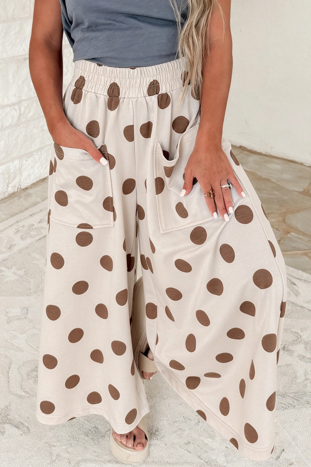 Hot High Waist Polka Dots Full-Length Pants - Beige
