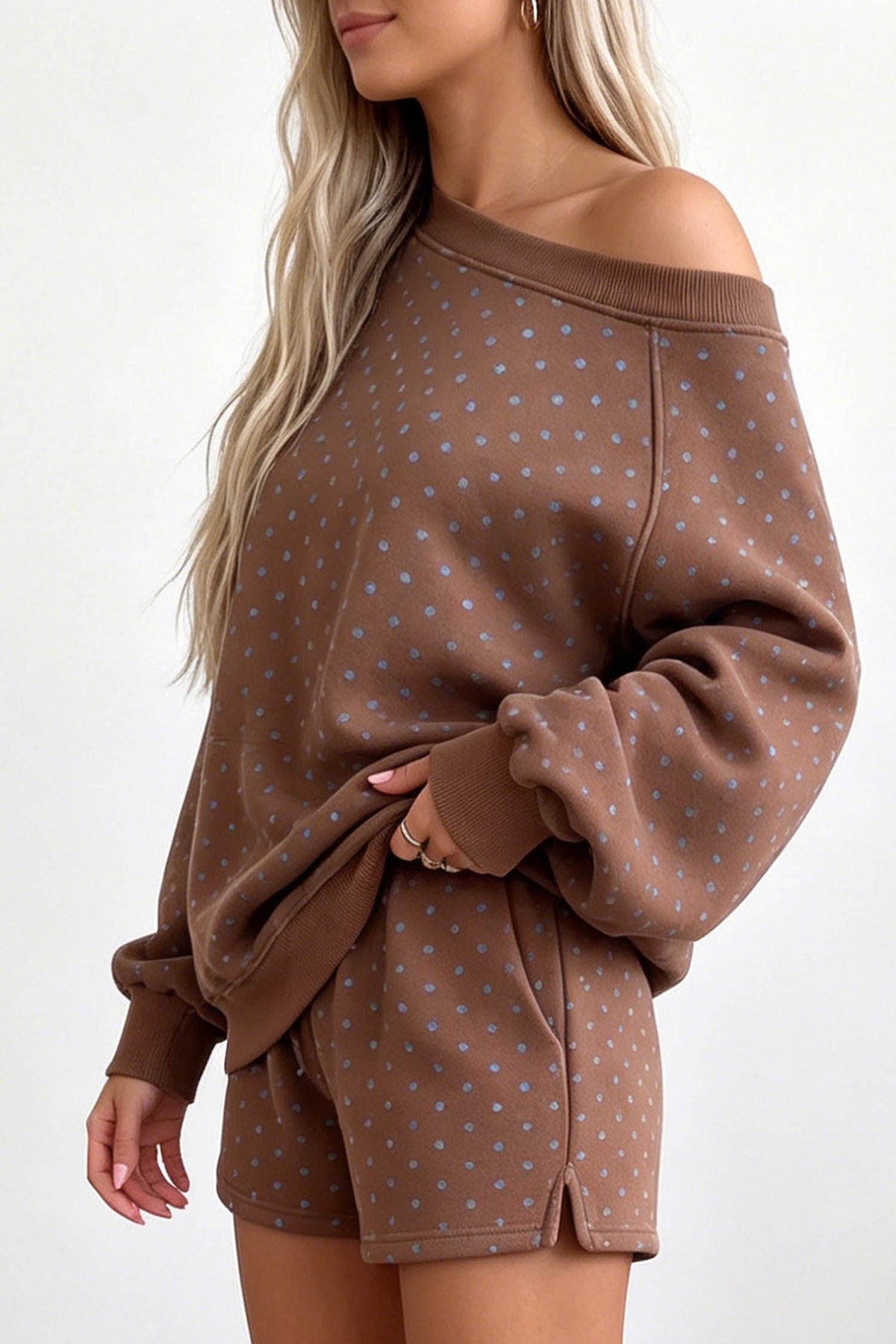 Polka Dot Long Sleeve Top Drawstring Shorts 2pcs Set - Brown