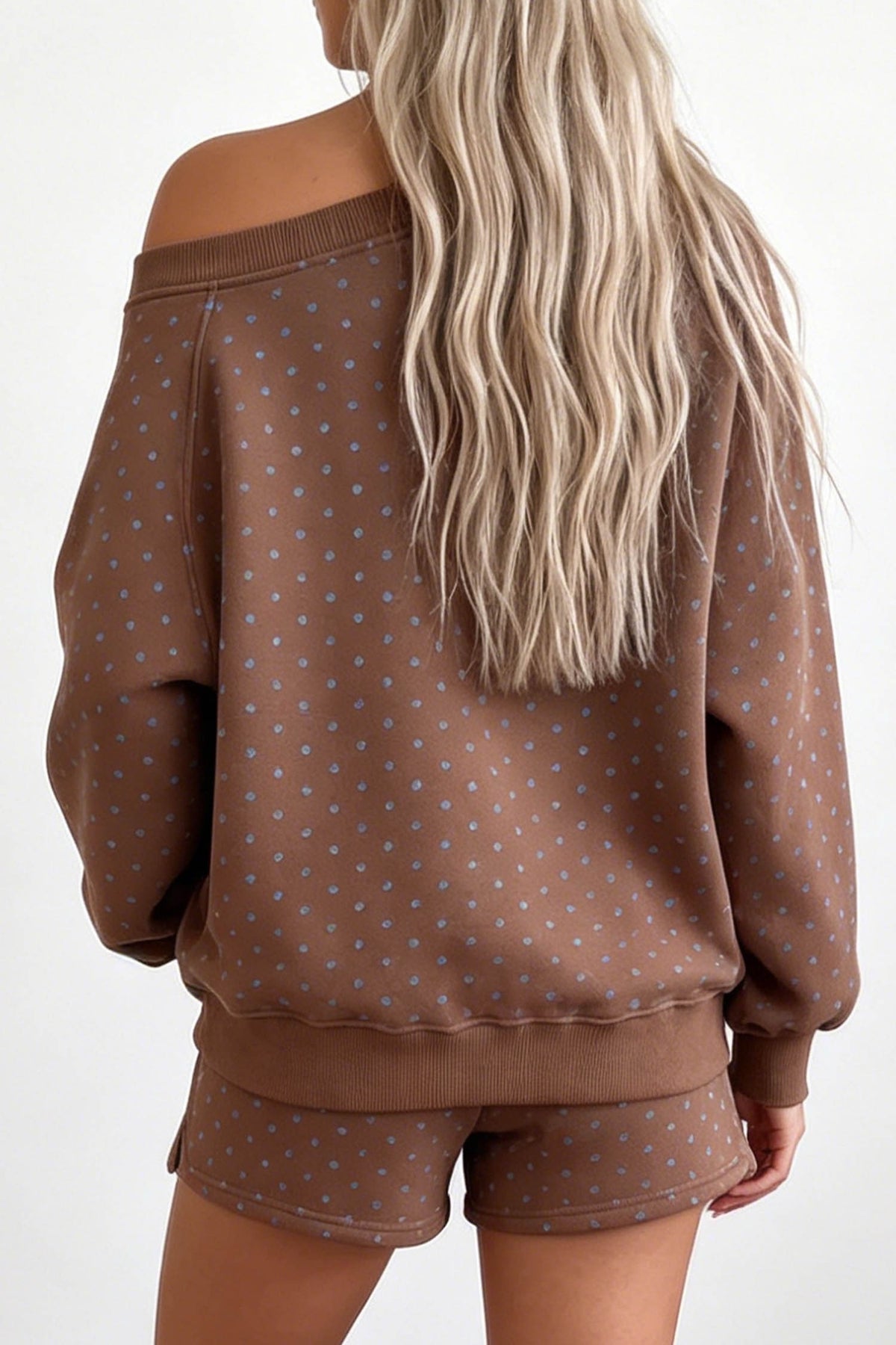 Polka Dot Long Sleeve Top Drawstring Shorts 2pcs Set - Brown