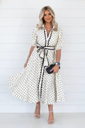 Polka Dot Scallop Trim Button Down Midi Dress