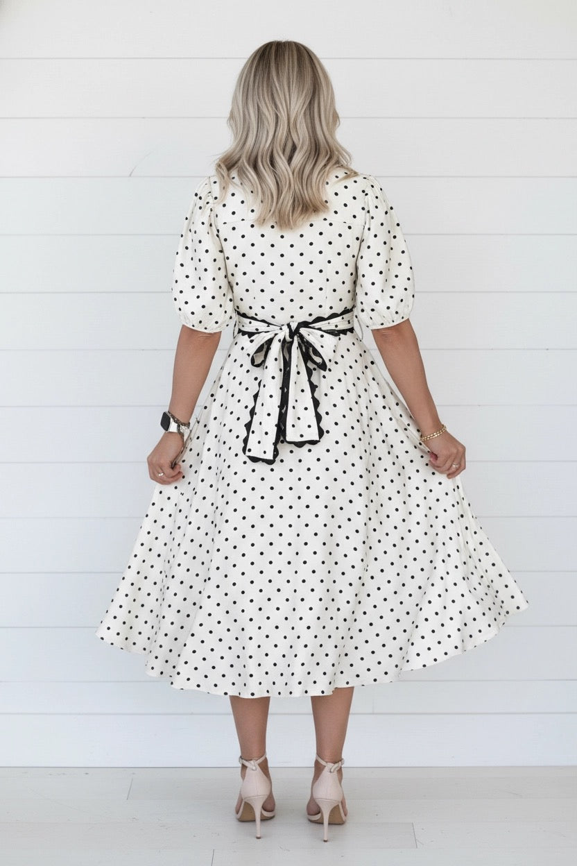 Polka Dot Scallop Trim Button Down Midi Dress