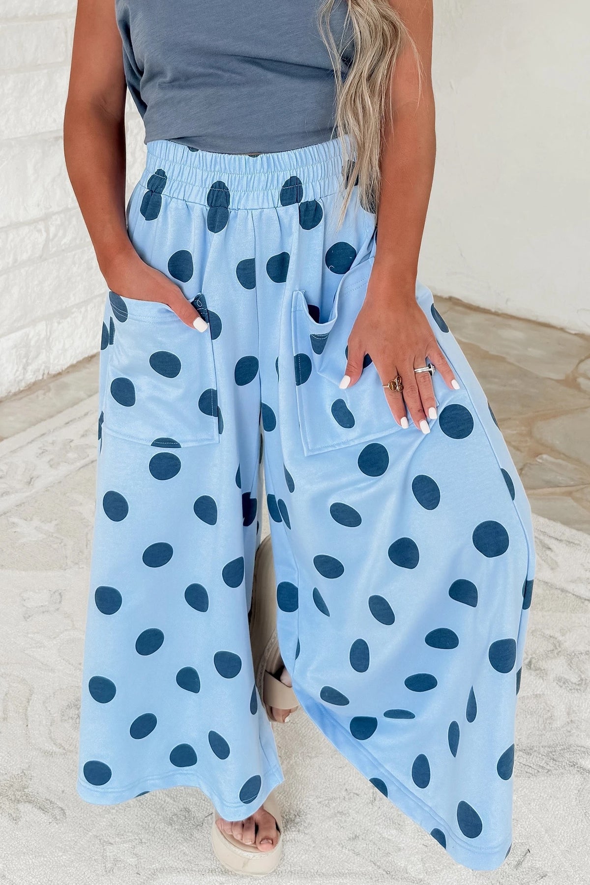 Hot High Waist Polka Dots Full-Length Pants - Sky Blue